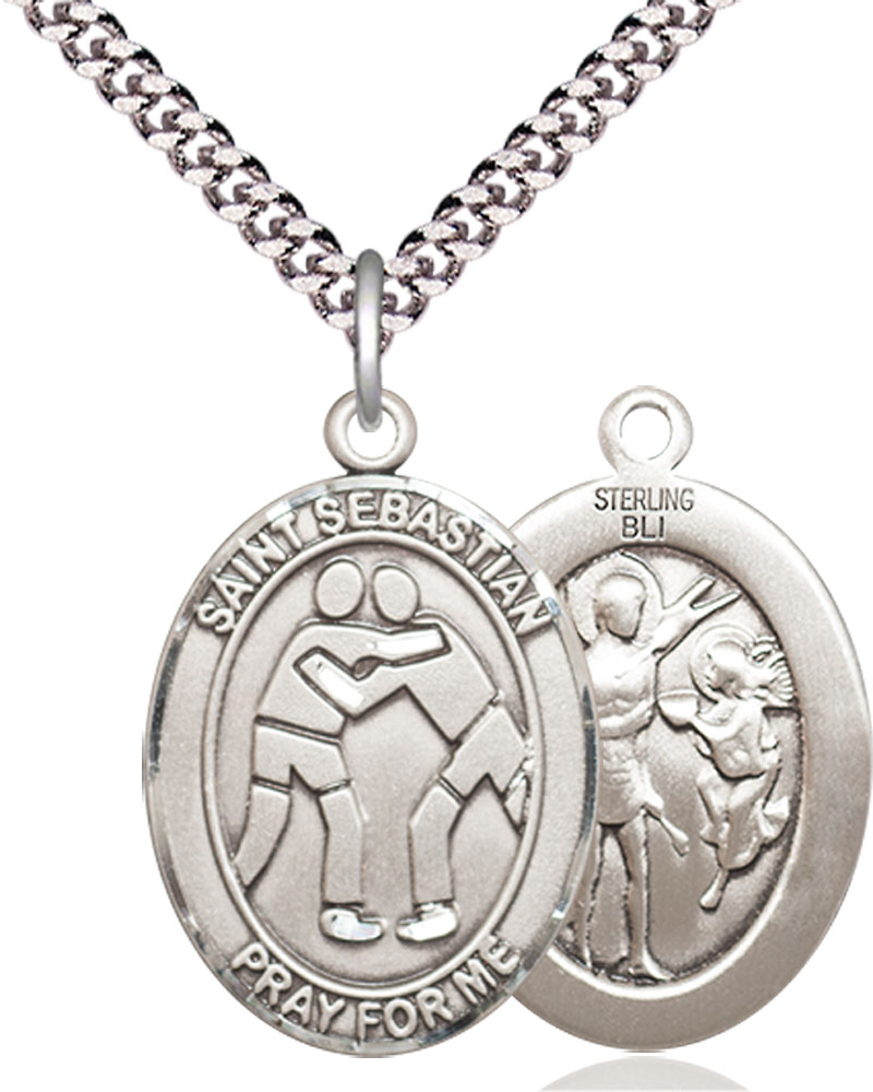 Sterling Silver Saint Sebastian Wrestling Pendant on a 24 inch Light Rhodium Heavy Curb chain