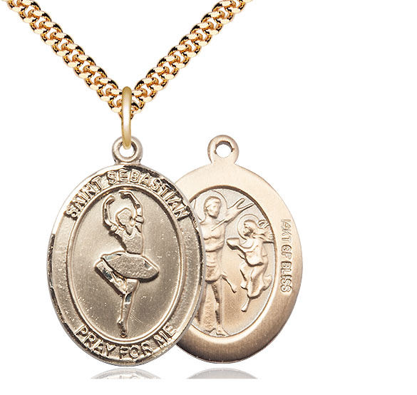 14kt Gold Filled Saint Sebastian Dance Pendant on a 24 inch Gold Plate Heavy Curb chain