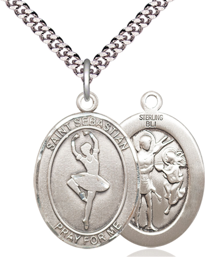 Sterling Silver Saint Sebastian Dance Pendant on a 24 inch Light Rhodium Heavy Curb chain