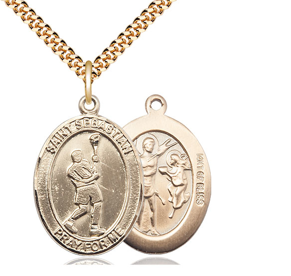 14kt Gold Filled Saint Sebastian Lacrosse Pendant on a 24 inch Gold Plate Heavy Curb chain