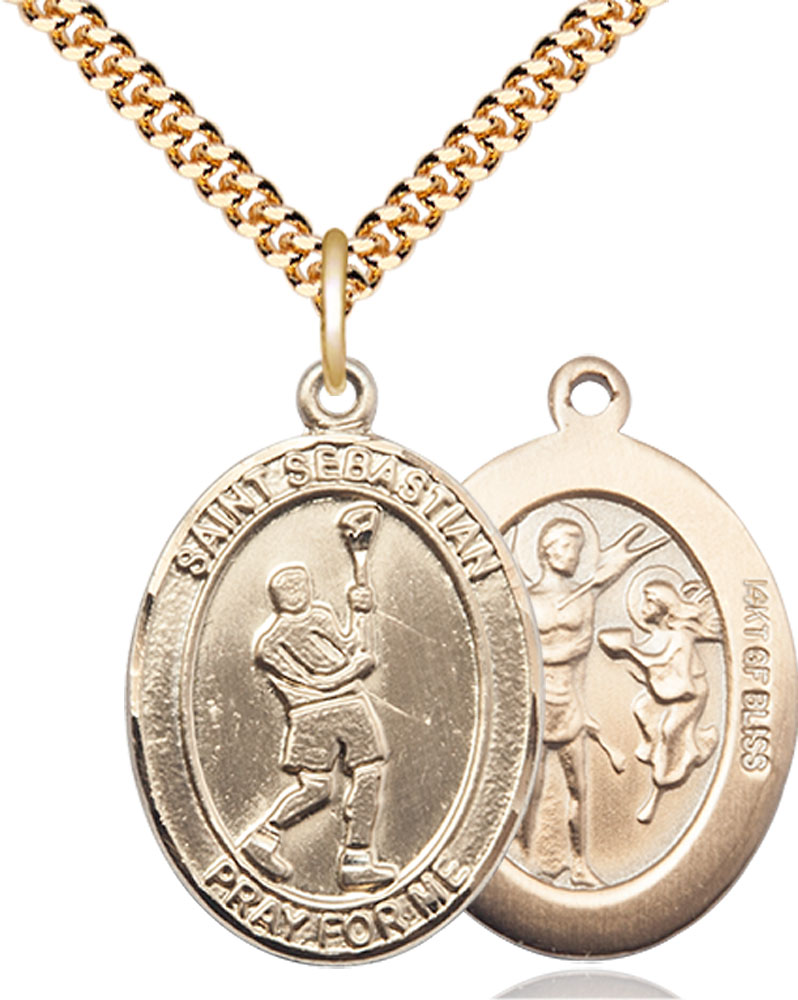 14kt Gold Filled Saint Sebastian Lacrosse Pendant on a 24 inch Gold Plate Heavy Curb chain