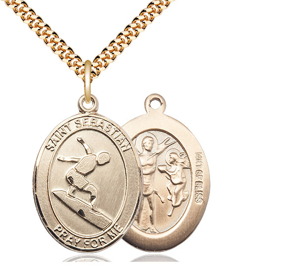 14kt Gold Filled Saint Sebastian Surfing Pendant on a 24 inch Gold Plate Heavy Curb chain