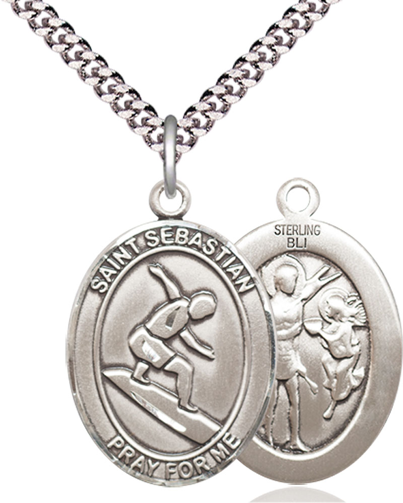 Sterling Silver Saint Sebastian Surfing Pendant on a 24 inch Light Rhodium Heavy Curb chain
