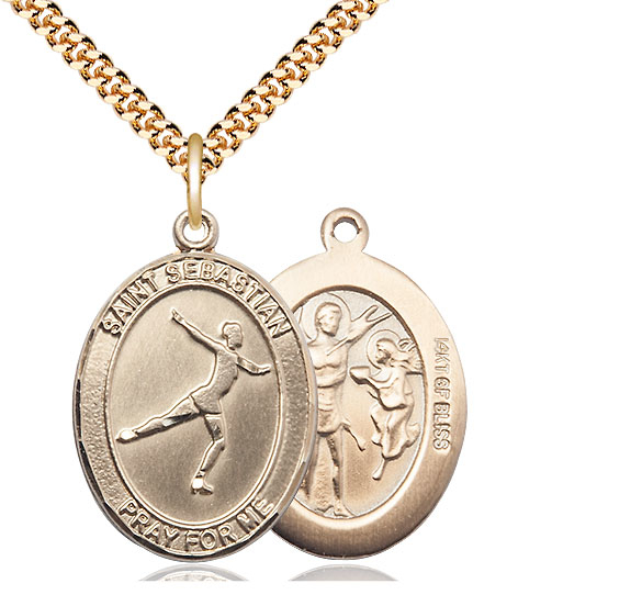 14kt Gold Filled Saint Sebastian Figure Skating Pendant on a 24 inch Gold Plate Heavy Curb chain