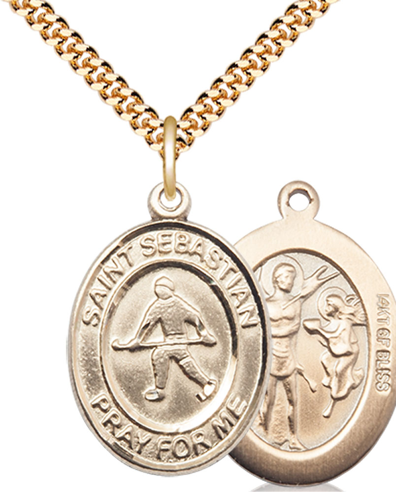14kt Gold Filled Saint Sebastian Field Hockey Pendant on a 24 inch Gold Plate Heavy Curb chain
