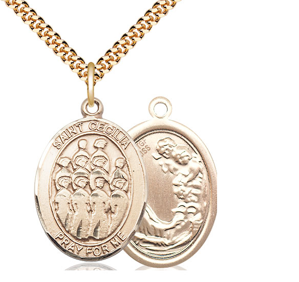 14kt Gold Filled Saint Cecilia Choir Pendant on a 24 inch Gold Plate Heavy Curb chain