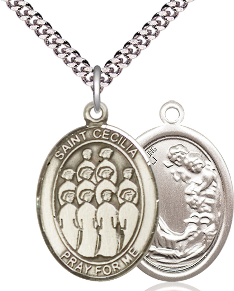 Sterling Silver Saint Cecilia Choir Pendant on a 24 inch Light Rhodium Heavy Curb chain