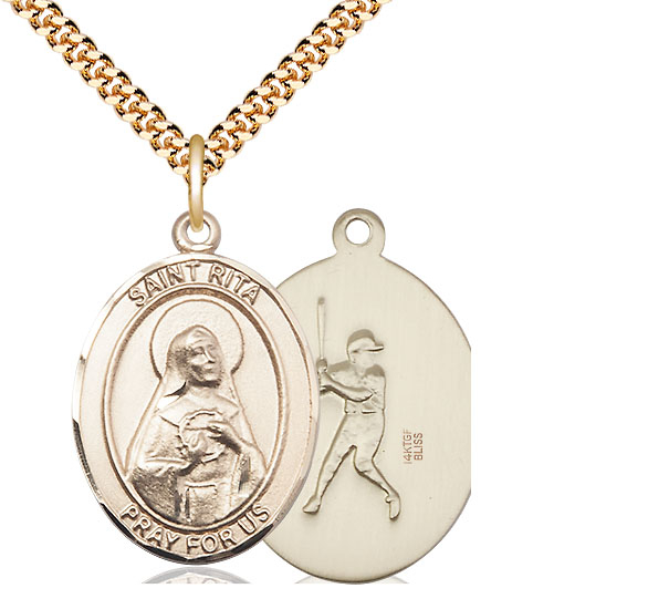 14kt Gold Filled Saint Rita Baseball Pendant on a 24 inch Gold Plate Heavy Curb chain