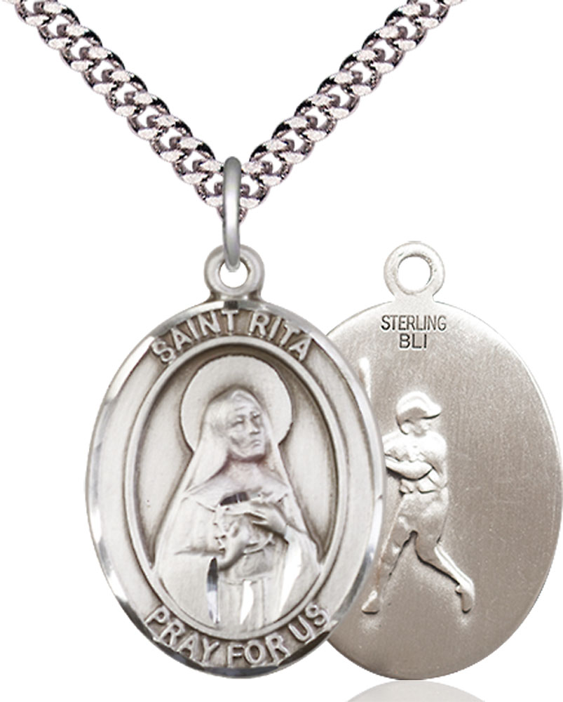 Sterling Silver Saint Rita Baseball Pendant on a 24 inch Light Rhodium Heavy Curb chain