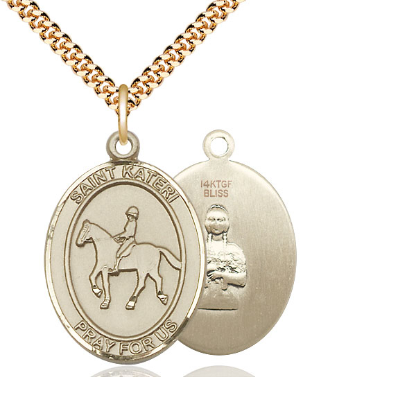 14kt Gold Filled Saint Kateri Equestrian Pendant on a 24 inch Gold Plate Heavy Curb chain