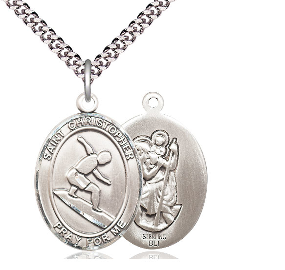 Sterling Silver Saint Christopher Surfing Pendant on a 24 inch Light Rhodium Heavy Curb chain