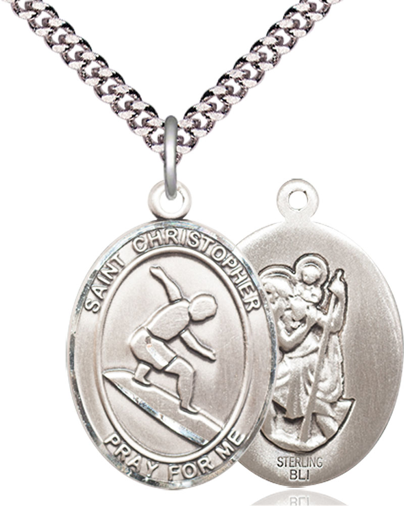 Sterling Silver Saint Christopher Surfing Pendant on a 24 inch Light Rhodium Heavy Curb chain