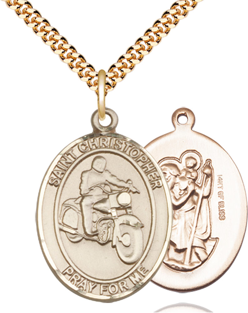 14kt Gold Filled Saint Christopher Motorcycle Pendant on a 24 inch Gold Plate Heavy Curb chain