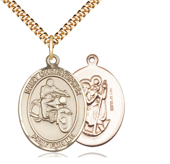 14kt Gold Filled Saint Christopher Motorcycle Pendant on a 24 inch Gold Plate Heavy Curb chain