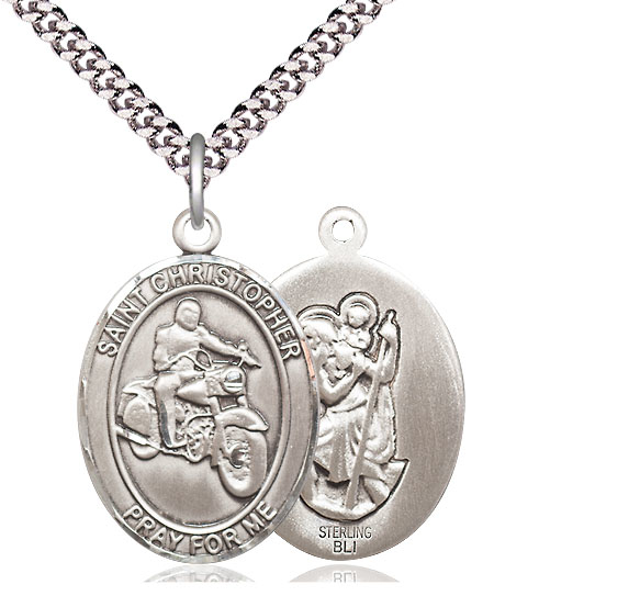 Sterling Silver Saint Christopher Motorcycle Pendant on a 24 inch Light Rhodium Heavy Curb chain