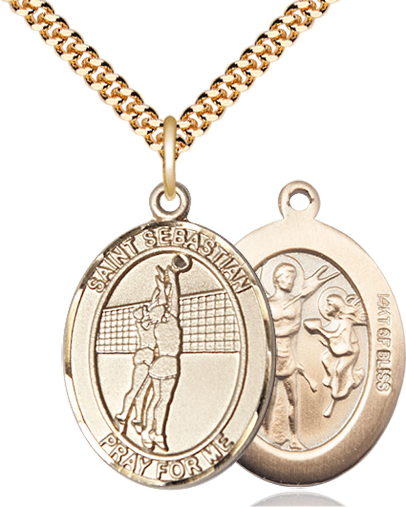 14kt Gold Filled Saint Sebastian Volleyball Pendant on a 24 inch Gold Plate Heavy Curb chain