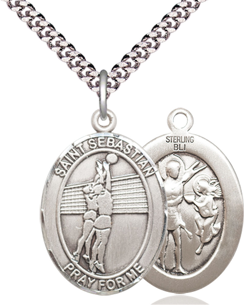 Sterling Silver Saint Sebastian Volleyball Pendant on a 24 inch Light Rhodium Heavy Curb chain