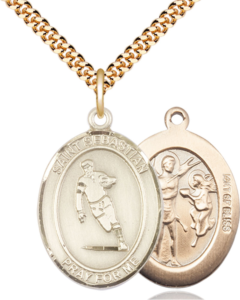 14kt Gold Filled Saint Sebastian Rugby Pendant on a 24 inch Gold Plate Heavy Curb chain