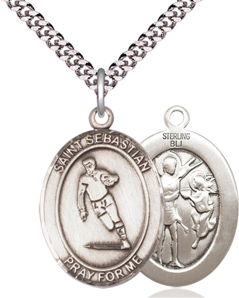 Sterling Silver Saint Sebastian Rugby Pendant on a 24 inch Light Rhodium Heavy Curb chain