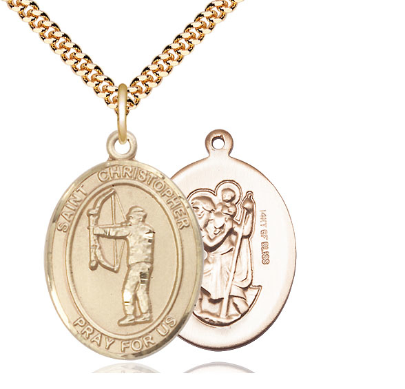 14kt Gold Filled Saint Christopher Archery Pendant on a 24 inch Gold Plate Heavy Curb chain