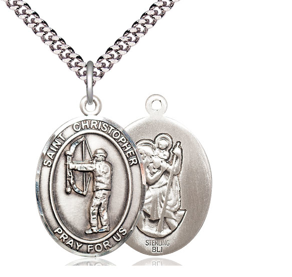 Sterling Silver Saint Christopher Archery Pendant on a 24 inch Light Rhodium Heavy Curb chain