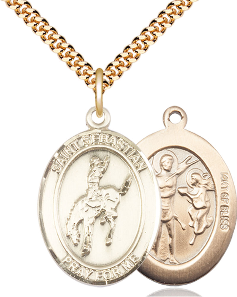 14kt Gold Filled Saint Sebastian Rodeo Pendant on a 24 inch Gold Plate Heavy Curb chain