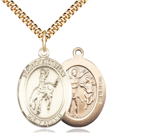 14kt Gold Filled Saint Sebastian Rodeo Pendant on a 24 inch Gold Plate Heavy Curb chain