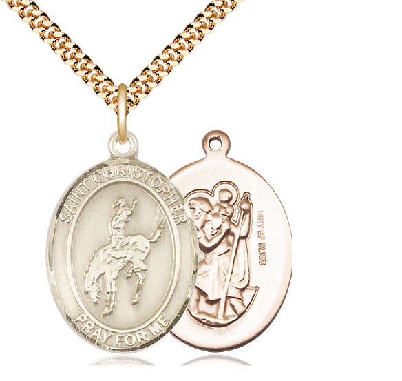 14kt Gold Filled Saint Christopher Rodeo Pendant on a 24 inch Gold Plate Heavy Curb chain