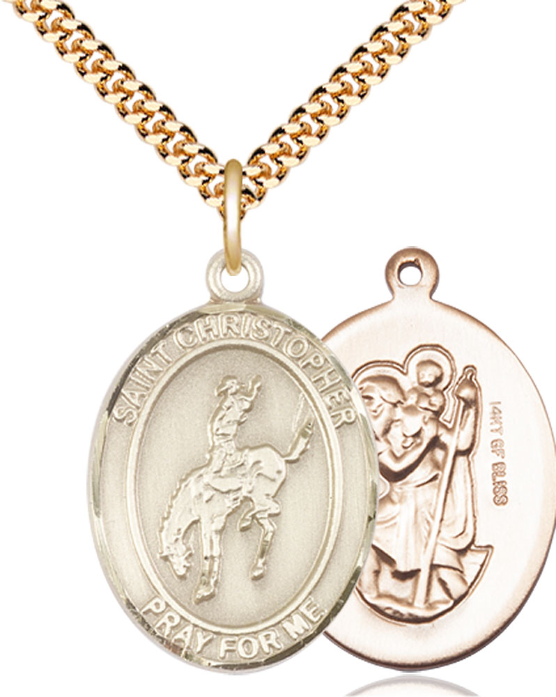 14kt Gold Filled Saint Christopher Rodeo Pendant on a 24 inch Gold Plate Heavy Curb chain