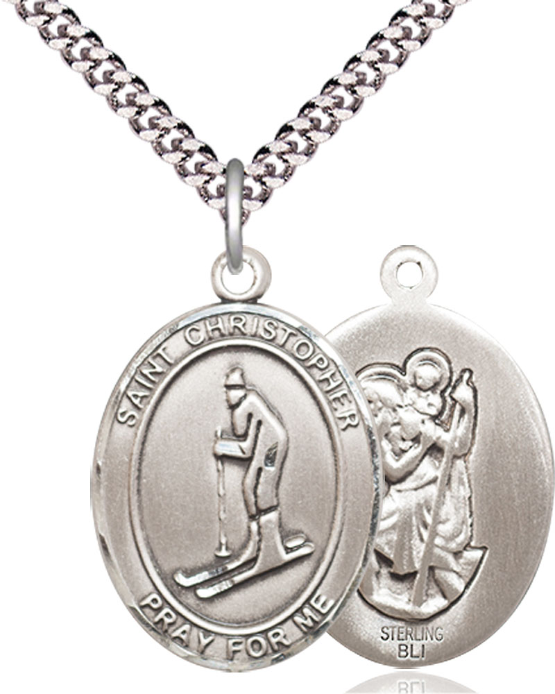 Sterling Silver Saint Christopher Skiing Pendant on a 24 inch Light Rhodium Heavy Curb chain