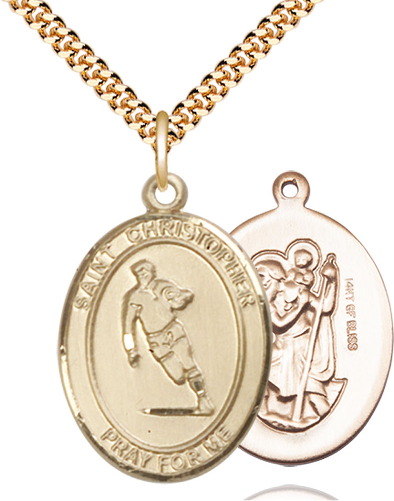 14kt Gold Filled Saint Christopher Rugby Pendant on a 24 inch Gold Plate Heavy Curb chain