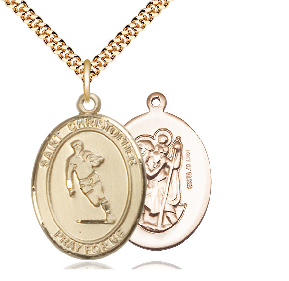 14kt Gold Filled Saint Christopher Rugby Pendant on a 24 inch Gold Plate Heavy Curb chain