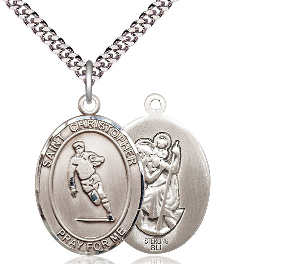 Sterling Silver Saint Christopher Rugby Pendant on a 24 inch Light Rhodium Heavy Curb chain