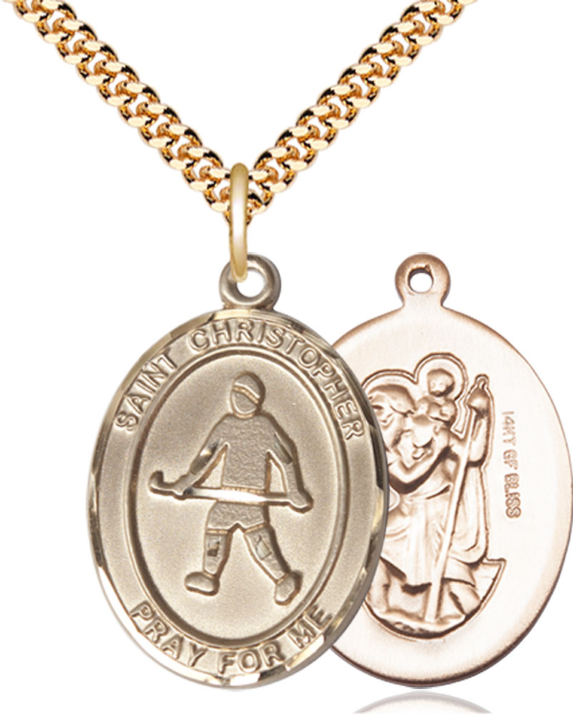 14kt Gold Filled Saint Christopher Field Hockey Pendant on a 24 inch Gold Plate Heavy Curb chain