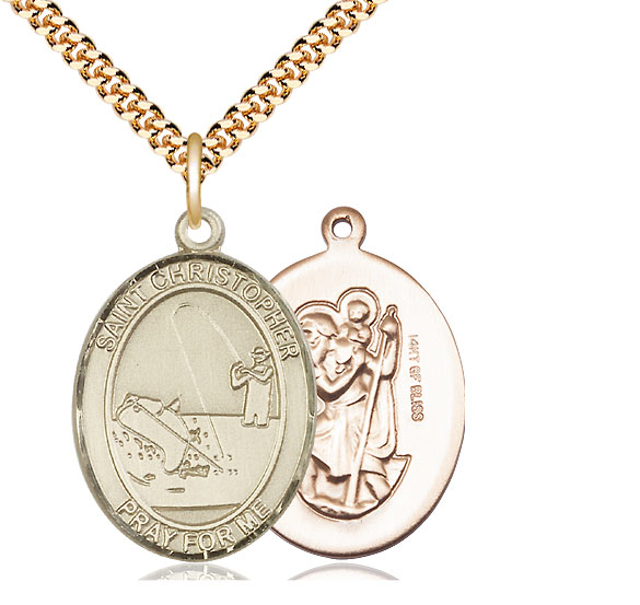 14kt Gold Filled Saint Christopher Fishing Pendant on a 24 inch Gold Plate Heavy Curb chain