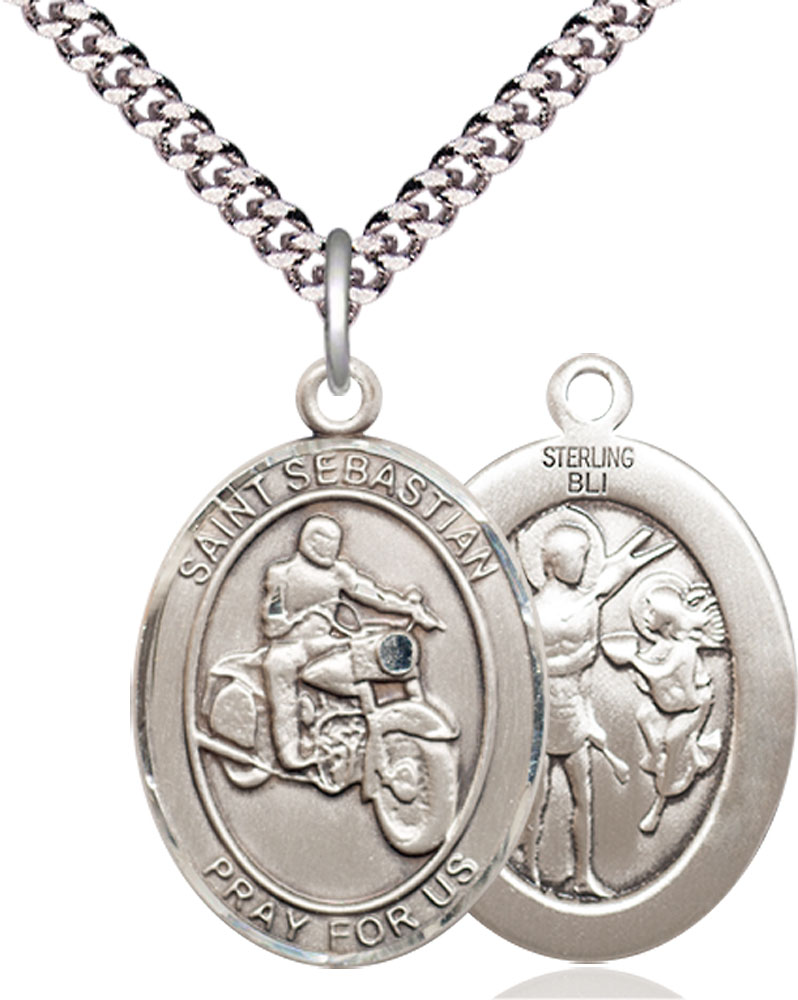 Sterling Silver Saint Sebastian Motorcycle Pendant on a 24 inch Light Rhodium Heavy Curb chain