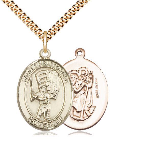 14kt Gold Filled Saint Christopher Baseball Pendant on a 24 inch Gold Plate Heavy Curb chain