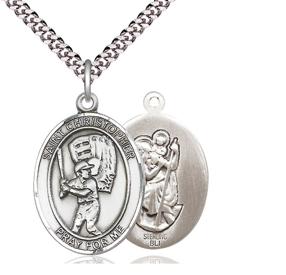 Sterling Silver Saint Christopher Baseball Pendant on a 24 inch Light Rhodium Heavy Curb chain