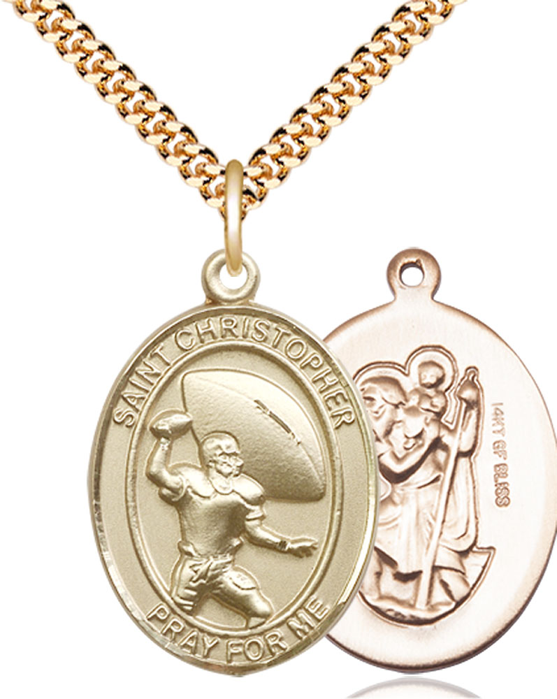 14kt Gold Filled Saint Christopher Football Pendant on a 24 inch Gold Plate Heavy Curb chain