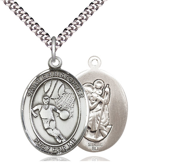 Sterling Silver Saint Christopher Basketball Pendant on a 24 inch Light Rhodium Heavy Curb chain