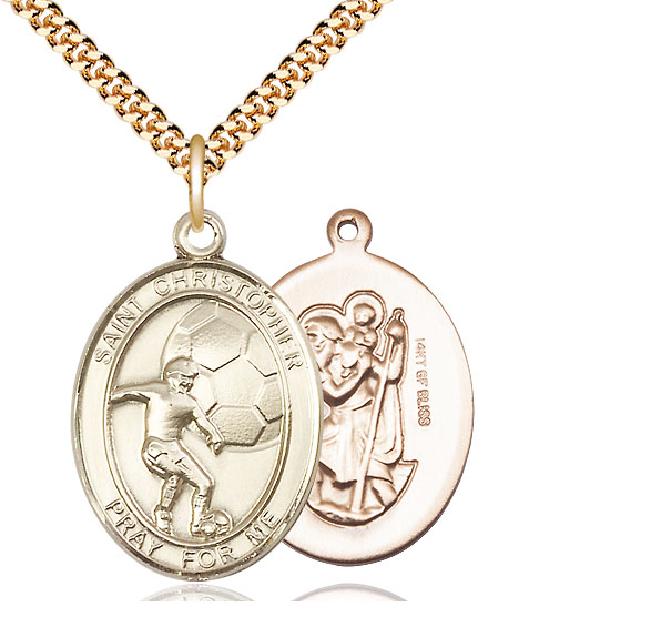 14kt Gold Filled Saint Christopher Soccer Pendant on a 24 inch Gold Plate Heavy Curb chain