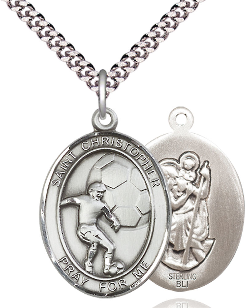 Sterling Silver Saint Christopher Soccer Pendant on a 24 inch Light Rhodium Heavy Curb chain