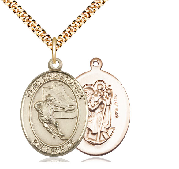 14kt Gold Filled Saint Christopher Hockey Pendant on a 24 inch Gold Plate Heavy Curb chain