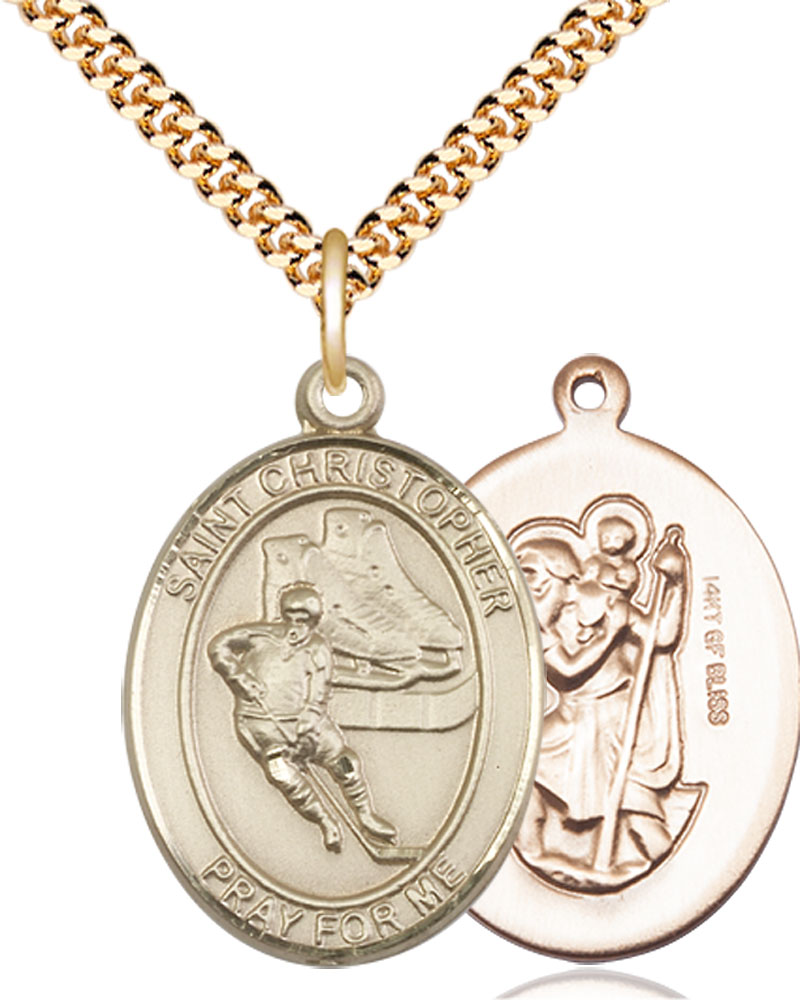 14kt Gold Filled Saint Christopher Hockey Pendant on a 24 inch Gold Plate Heavy Curb chain