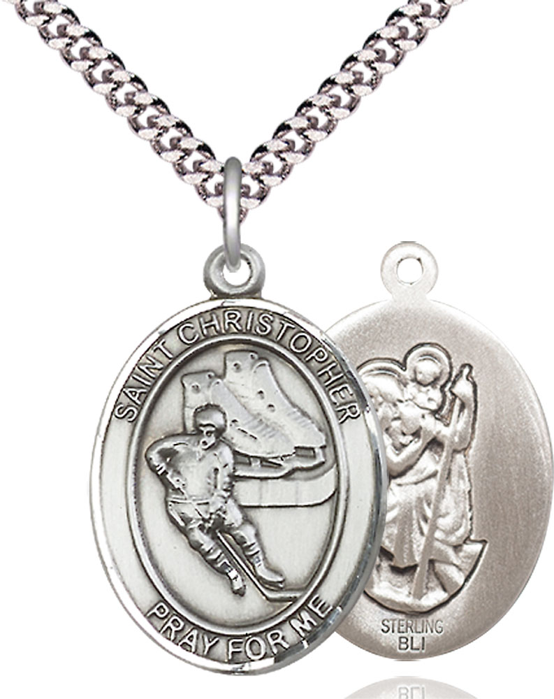 Sterling Silver Saint Christopher Hockey Pendant on a 24 inch Light Rhodium Heavy Curb chain