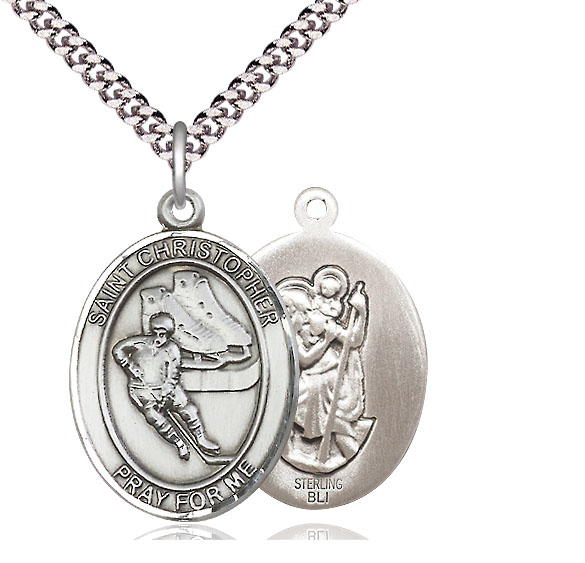 Sterling Silver Saint Christopher Hockey Pendant on a 24 inch Light Rhodium Heavy Curb chain