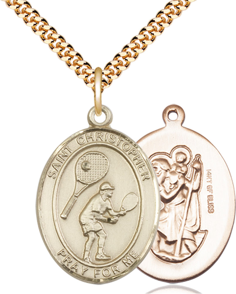 14kt Gold Filled Saint Christopher Tennis Pendant on a 24 inch Gold Plate Heavy Curb chain