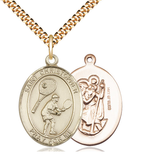 14kt Gold Filled Saint Christopher Tennis Pendant on a 24 inch Gold Plate Heavy Curb chain