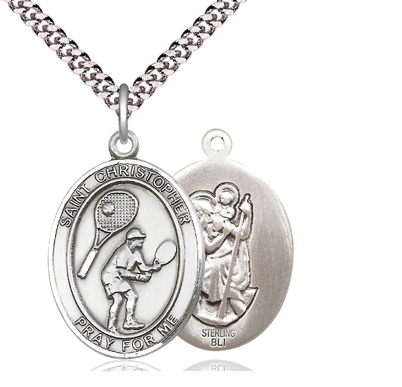Sterling Silver Saint Christopher Tennis Pendant on a 24 inch Light Rhodium Heavy Curb chain