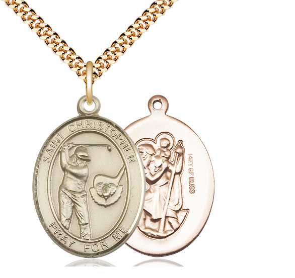 14kt Gold Filled Saint Christopher Golf Pendant on a 24 inch Gold Plate Heavy Curb chain